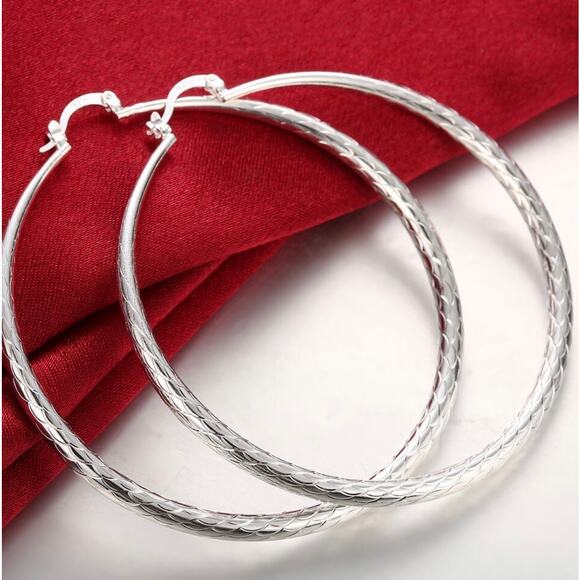 925 sterling silver color Earrings 70MM Shiny Big Wave pattern hoop earrings - Picture 6 of 6